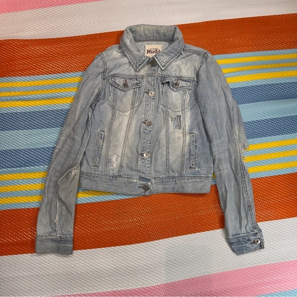 Mudd Denim Blue Distressed Cropped Jean Jacket Women’s Size Large - Picture 1 of 3
